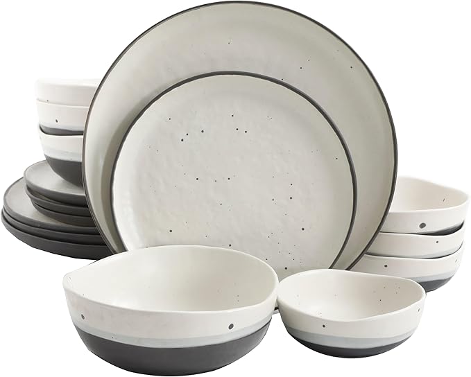16-Piece Double Bowl Dinnerware Set White Solid Casual Round Stoneware 16 Piece Microwave Safe
