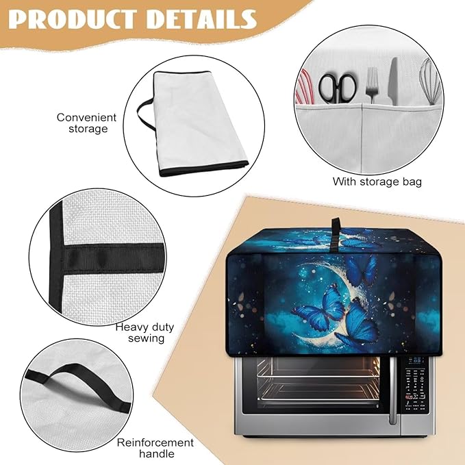 Convection Toaster Oven Cover with Storage Pockets Fits Machines Up to 18.5x14.5x9 Convection Toaster Oven Covers for Family Kitchen Essential Moon Butterfly