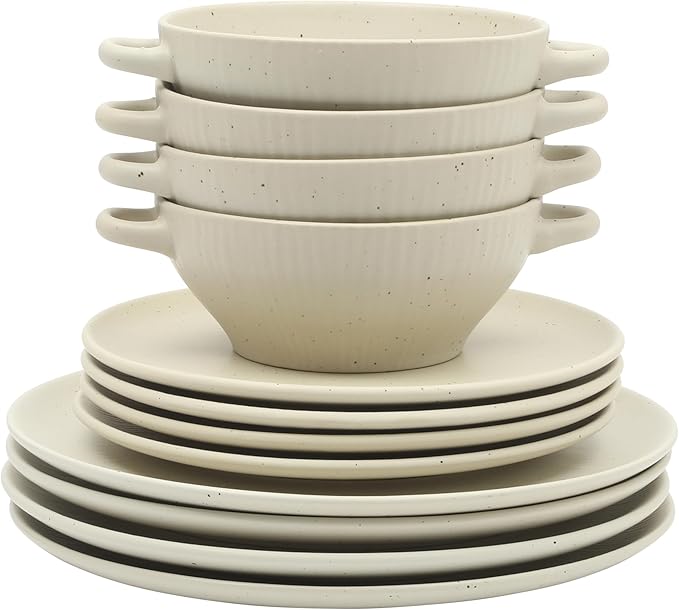 Gibson Elite Clover Hill 12-Piece Stoneware Dinnerware Set – White Cream Embossed Plates and Bowls with Matte Speckled Reactive Glaze Service for 4 – Microwave &amp Dishwasher Safe