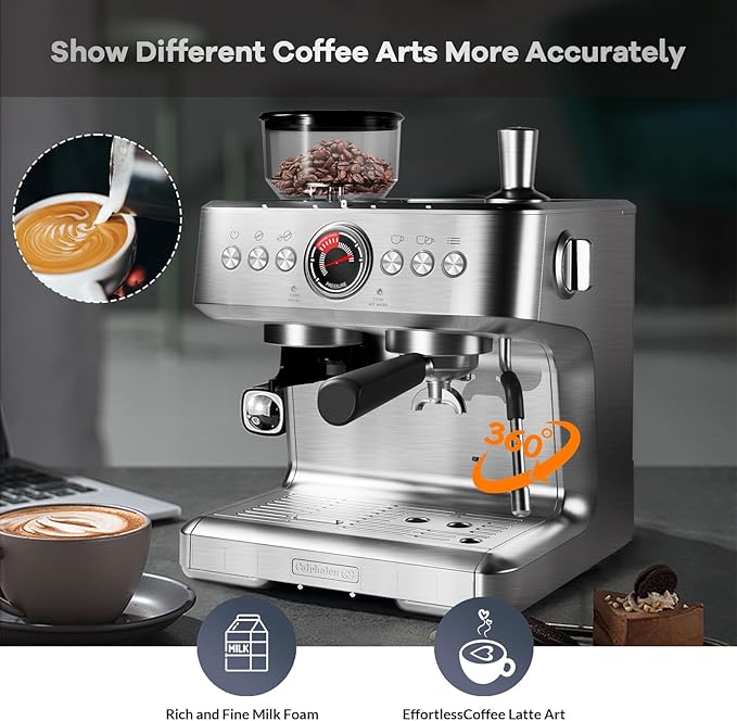 GAOMON Espresso Machine with Grinder 20 Bar Semi-Automatic Coffee Maker PID Control Milk Frother Steam Wand 95Oz Water Tank Easy Use for Espresso Latte Cappuccino Silver