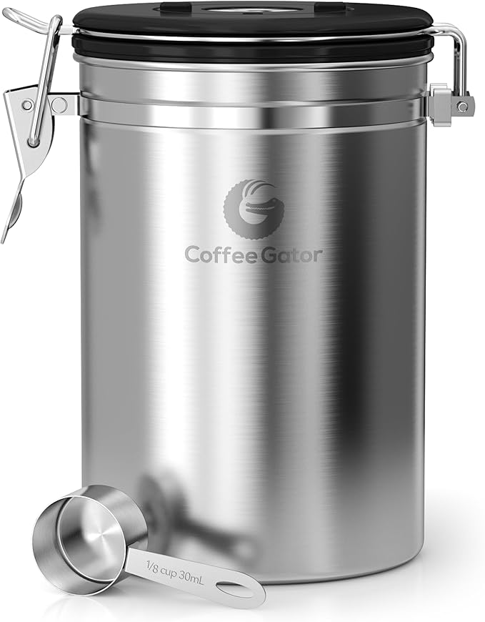 Coffee Gator French Press Coffee Maker 34oz Silver and Coffee Canister - 22oz Airtight Stainless Steel Kitchen Food