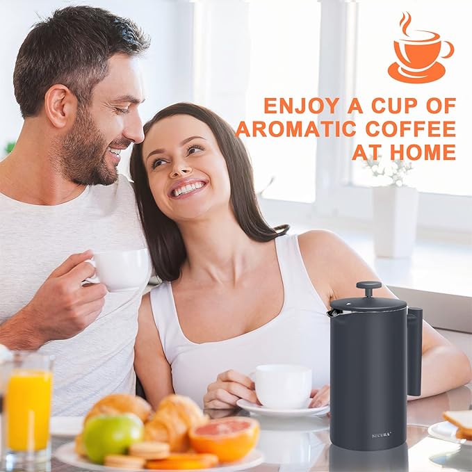 Secura French Press Coffee Maker 304 Grade Stainless Steel Insulated Coffee Press with 2 Extra Screens 34oz (1 Litre) Grey