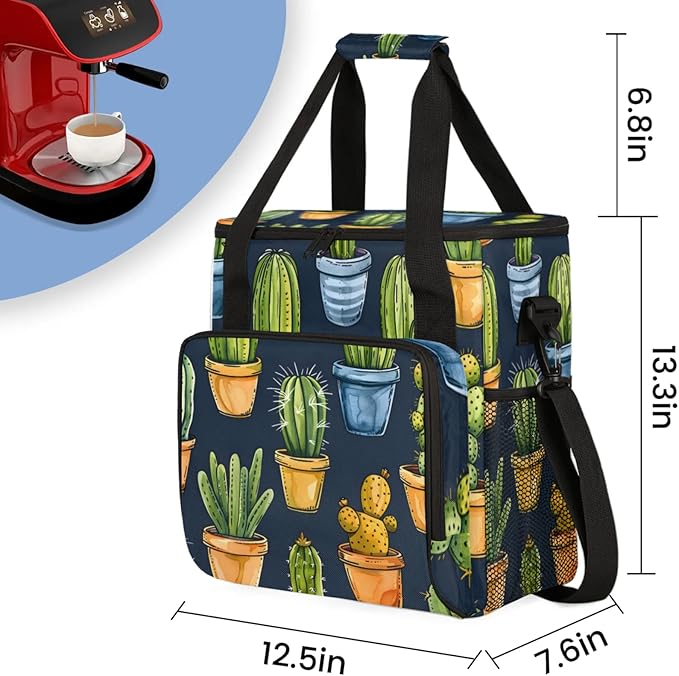Potted Cactus Coffee Maker Travel Bag for Keurig K-Mini/K-Mini Plus Insulated Waterproof Tote with Pockets for K-Cup Portable Single-Serve Brewer Case