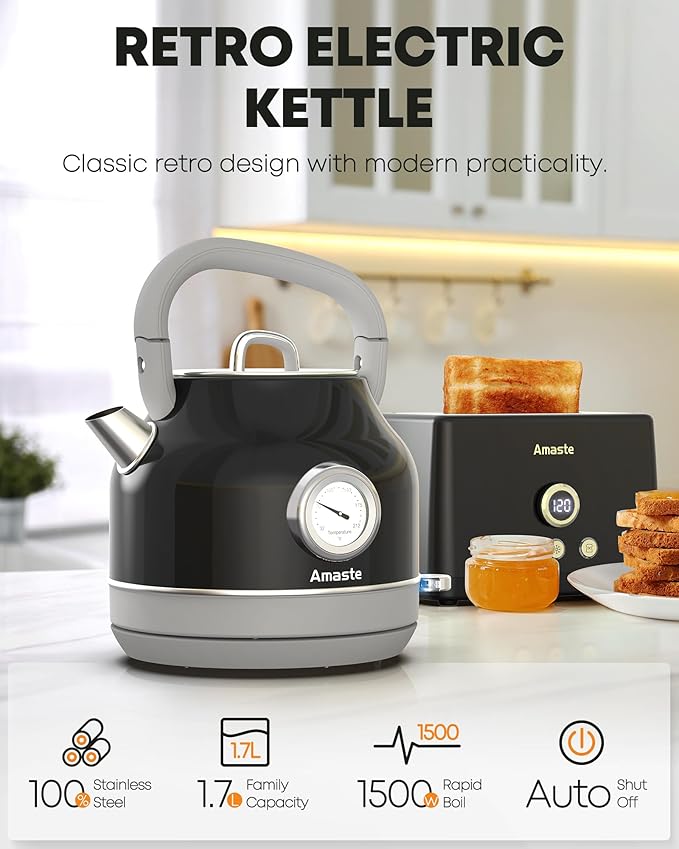 Amaste White Coffee Maker &amp White Toaster &amp Black Retro Electric Kettle Set