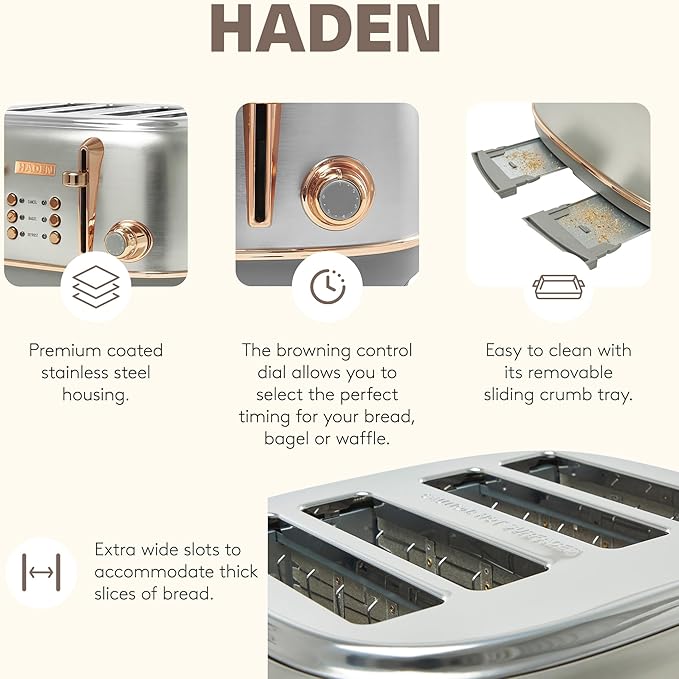 Haden Heritage 4 Slice Wide Slot Stainless Steel Toaster Bundled with 1.7 Liter Stainless Steel Electric Water Kettle Steel &amp Copper