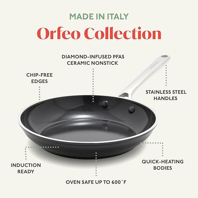 Orfeo 8” Nonstick Frying Pan Skillet Made in Italy Diamond Ceramic PFAS-Free Cookware Induction Ready Scratch Resistant Laser-Fused Surface for Durability Dishwasher Safe Black