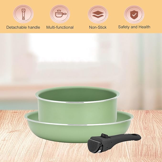 Pots and Pans Set with Detachable Handle 3-Piece Kitchen Cookware Set Non Stick Frying Pans for All Stoves Stackable Cookware Set for Camping Dishwasher Safe Green