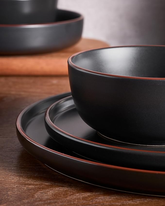 Famiware Mercury 24 Pieces Dinnerware Sets Plates and Bowls Sets for 8 Microwave and Dishwasher Safe Dish Set Matte Black