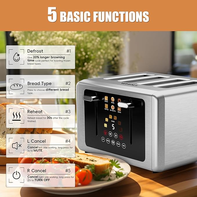 Whall 4-Slice Smart Toaster with Touchscreen &amp Extra-Wide Slots Dual Independent Control 6 Browning Levels &amp 6 Bread Types Memory FunctionCountdown Timer Ideal Kitchen Gift