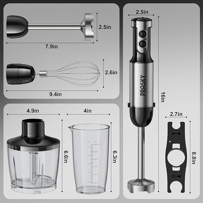 Immersion Blender Handheld Hand Blenders 20 Speed &amp Turbo Mode Hand Held Blender Heaviest Duty Copper Motor Stainless Steel Blades Milk Frother Wand Whisk 600ml Beaker 500ml Chopper (Silver
