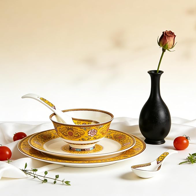 48 Piece Fine Bone China Dinnerware Set Royal Style Banquet Dinner Set Enamel Yellow