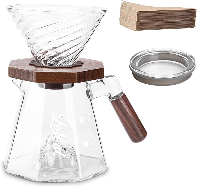 Pour Over Coffee Maker 20 oz Borosilicate Glass Set with 100 pcs Paper Filter Walnut Collar &amp Glass Lid Drip Coffee Maker 1-3 Cups Clear (B-600 ml Set)