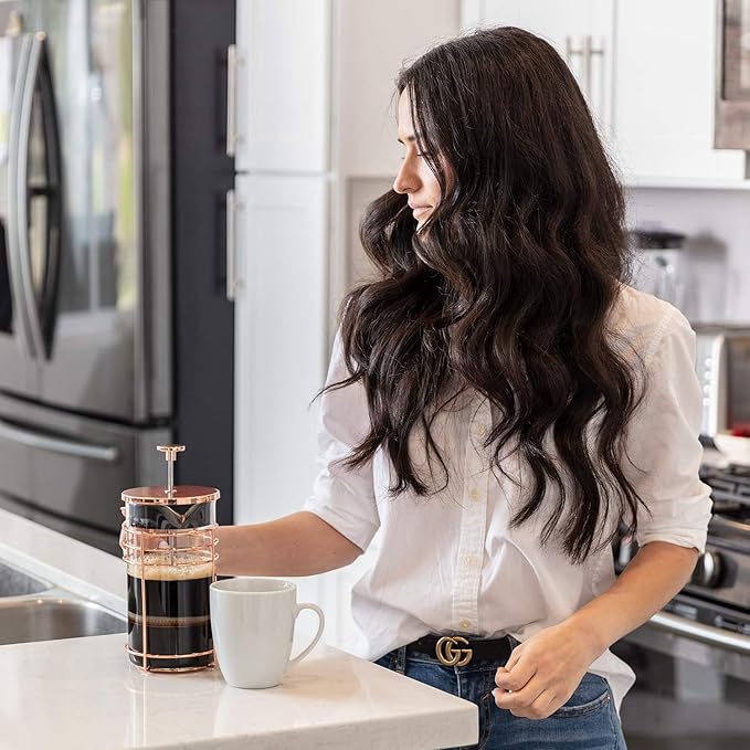 French Press and Tea Maker - 1000ml Coffee Maker Press - Premium Coffee Press with Rose Gold Finish - Thick Glass and Stainless Steel Coffee Brewer - French Press Coffee Maker for Tea Latte Expresso