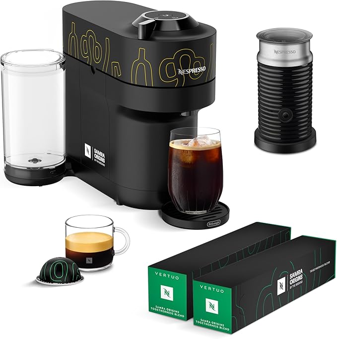 Nespresso Vertuo Pop+ Coffee and Espresso Maker by De'Longhi Samra Origins by The Weeknd Aeroccino3 Milk Frother and Togetherness Blend Double Espresso Light Roast 20-Count Coffee Pods
