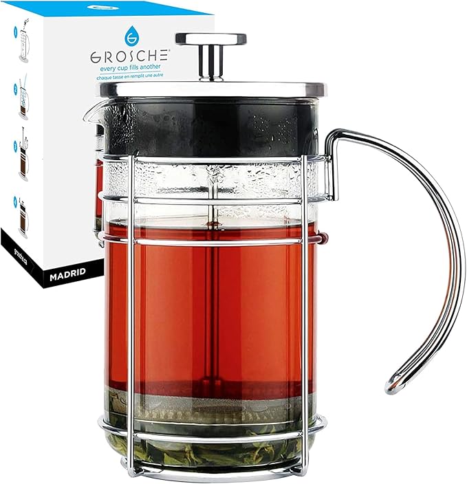 GROSCHE MADRID French Press - Premium Coffee and Tea Maker - 1.0L - 34oz - Borosilicate Glass Beaker - Dual Filter System For Rich Brew - Versatile Brewing | Stainless Steel Filter