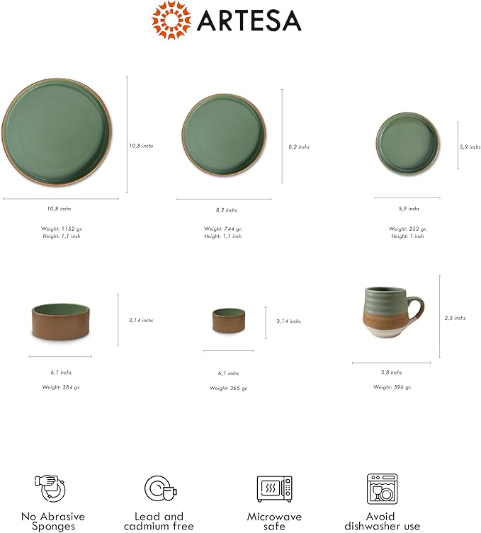 Artesa Organics Landscape Terrario Ceramic Dinnerware Set Handmade 6-Piece Place Setting with Dinner Plates Salad Plates Mugs Microwave Safe