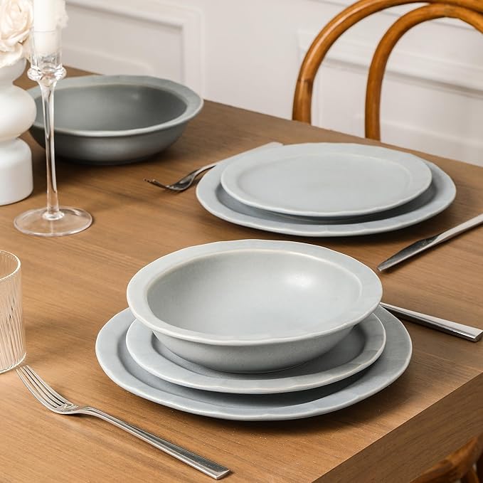 Stone Lain Oasis Stoneware 24 Piece Dinnerware Set Home Kitchen Dish Set with Dinner Plates Salad Plates &amp Bowls - Service for 8 Grey Blue