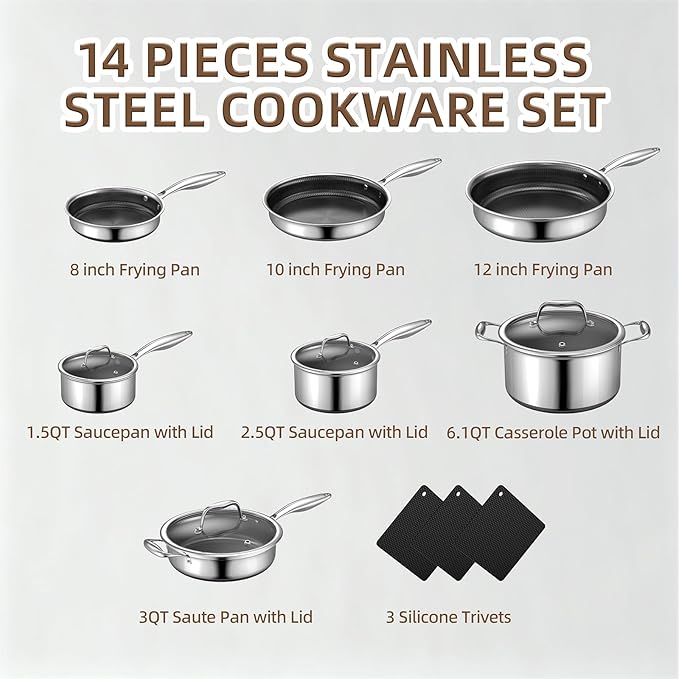 Yoehka 14-Piece Hybrid Stainless Steel Cookware Set Non-Stick Pots and Pans Set with 3 Silicone Trivets | Induction Compatible Frying Pans Saucepans Saute Pan &amp Stock Pot | Oven Dishwasher Safe