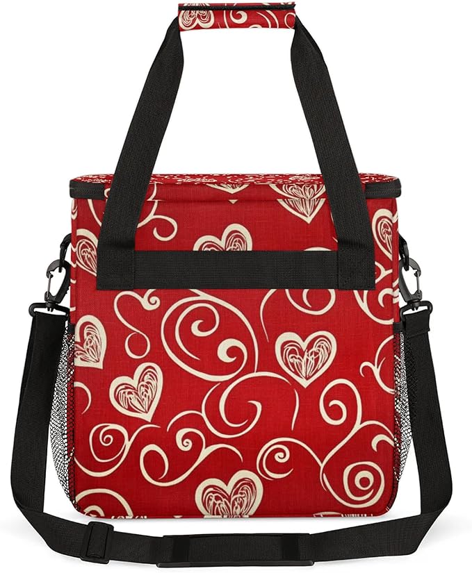 Red Coffee Maker Travel Bag Heart Insulated Grocery Bag Travel Picnic Leakproof Cooler Bags With Shoulder Strap
