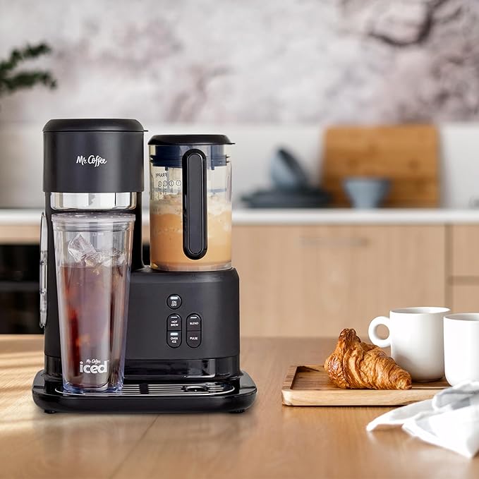 Mr. Coffee 3-in-1 Single-Serve Iced and Hot Coffee/Tea Maker with Blender with Reusable Filter Scoop Recipe Book 2 Tumblers Lids and Straws Black