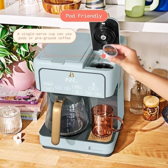 Multi-Brew Coffee Maker – 12-Cup Carafe &amp Single-Serve Pod or Grounds Iced Coffee Mode Programmable Touch Display Includes Filters (Hydrangea)