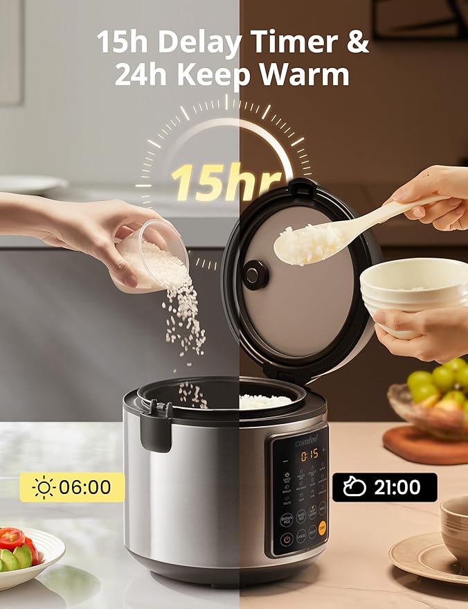 COMFEE' Rice Cooker 14-in-1 Stainless Steel Multi Cooker Slow Cooker Steamer Sauté and Warmer 5.3 QT 20 Cups Cooked (10 Cups Uncooked) Brown Rice Quinoa and Oatmeal