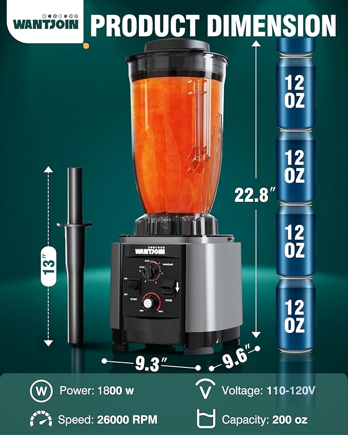 WantJoin Commercial Blender - 200Oz Extra Large Capacity Professional Blender Heavy Duty w/Pure Copper Motor Dishwasher Safe 6-Blade Combo 26000 RPM Multi Speeds Smoothie Blenders for Juice