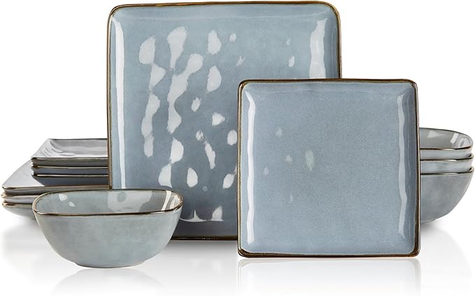 Famiware Ocean Square 12 Pieces Dinnerware Set + 6 Pieces Oval Dipping Bowl Set Microwave and Dishwasher Safe Blue