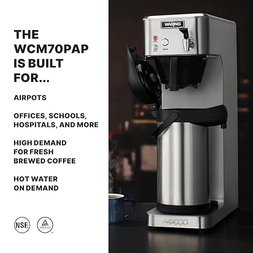 Waring Commercial WCM70PAP Café Deco Automatic Airpot Coffee Brewer Stainless Steel Construction Hot water faucet Plumbed 120V 5-15 Phase PlugSilver/ Black