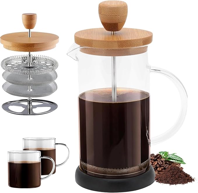 Topyond French Press Glass Coffee Maker Heat-Resistant Glass 20oz Bamboo Lid Coffee Press Tea Press for Loose Tea with Brewer Filtering Function for Home and Office (600ml