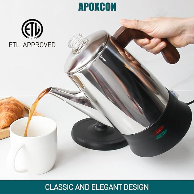 Electric Coffee Percolator Stainless Steel Coffee Pot with Two Tough Glass Clear Brew Progress Knob &amp Treated Solid Wood Handle &amp On/OFF Switch Auto Keep Warm Cordless Serve (8 Cup)
