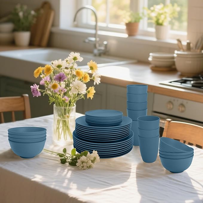 Wheat Straw Dishes Set 40 PCS Unbreakable Dinnerware Set of 8 - Dinner Plates Cereal Bowls Water Cup Lightweight Reusable Microwave &amp Dishwasher Safe Bowls for Kitchen and Outdoor - Blue