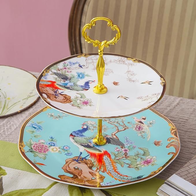 ACMLIFE Bone China Dinnerware Set 12 Pieces with 2-Tier Vintage Floral Afternoon Tea Stand