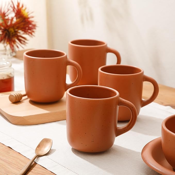 Bloomhouse - Two Time Oprah's Favorite Things Winner - Corsica Clay 4-Piece Mug Set – Burnt Apricot Terracotta Stoneware Coffee &amp Tea Cups Durable Ceramic Drinkware