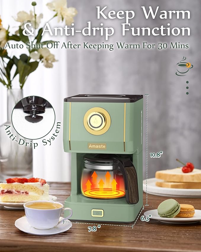 Amaste Drip Coffee Maker Coffee Machine with 25 Oz Glass Coffee Pot Retro Style Coffee Maker with Reusable Filter &amp Three Brewing Modes Warming Plate Matcha Green