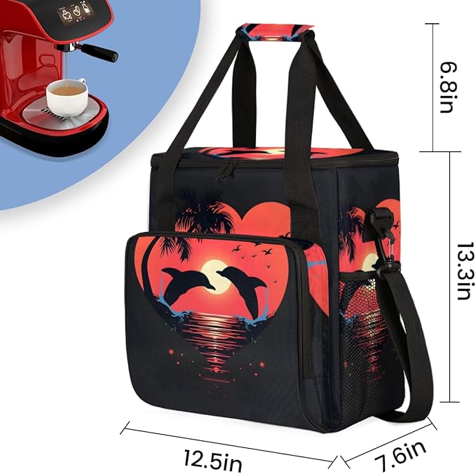 Sunset Dolphin Coffee Maker Carrying Bag Coconut tree Travel Storage Bag Compatible with K-Mini or K-Mini Plus Single Serve Coffee Brewer Carrying Case with Multiple Pockets &amp Shoulder Strap