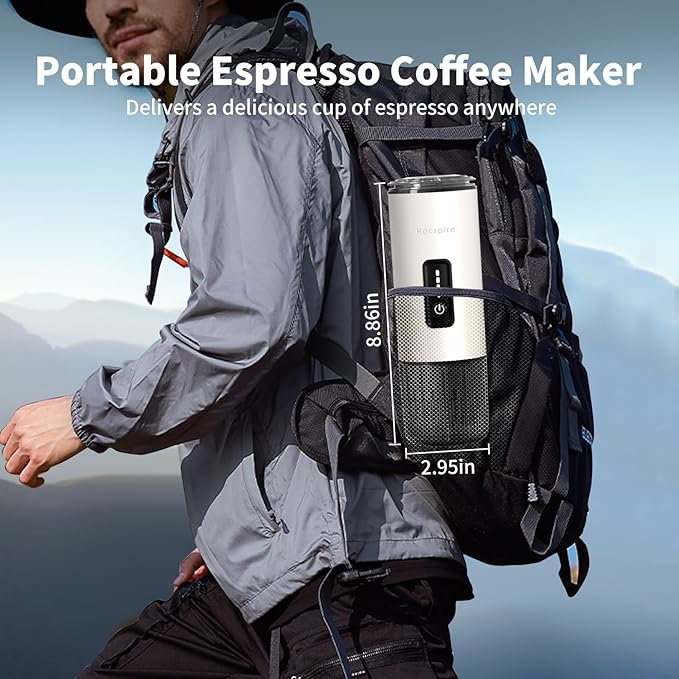 Portable Espresso Maker with Stainless Steel Body | 7500mAh Rechargeable Battery | 20 Bar Self-Heating with USB-C | Works with Most Capsules Compatible for Camping Travel Outdoor (White)