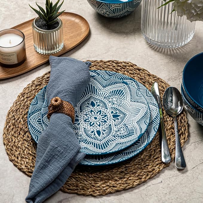 Bzyoo 12-Piece Ceramic Dinnerware Set: La La Mandala Blue Dish Set Design for Every Occasion - Microwave &amp Dishwasher Safe Stackable Plates Bowls