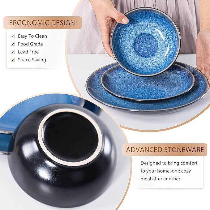 Plates and Bowls Sets for 4 - CJDC-QUELO 12-Piece Stoneware Dinnerware Sets Ceramic Dishware Set for Kitchen Use and Formal Dining Chip and Scratch Resistant Microwave Dishwasher Safe Blue