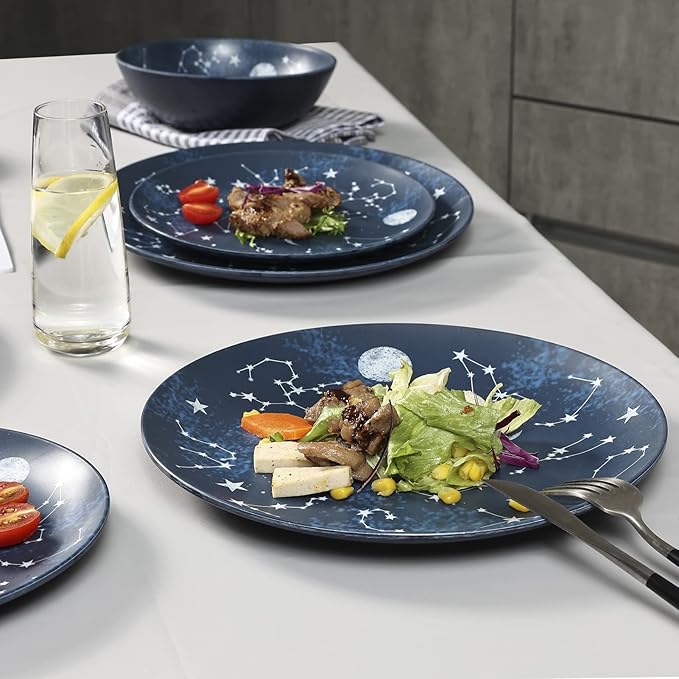 12 Piece Melamine Dinnerware Sets for 4 - Starry Pattern Camping Dishes Set for Indoor and Outdoor Use Dishwasher Safe Plates and Bowls Sets