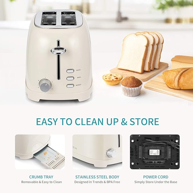 Ultrean Toaster 2 Slice with Extra-Wide Slot for Toasting Bagels Breads Waffles &amp More Stainless Steel Material with Removable Crumb Tray 6 Browning Settings