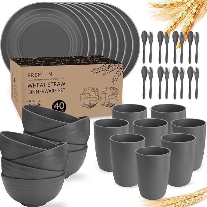 Shopwithgreen Wheat Straw Dinnerware Sets for 8 40 PCS Unbreakable Plates and Bowls Sets Reusable Dinner Dishes Set Bowls CupsPlates for Camping Kitchen RV DormDishwasher Microwave Safe