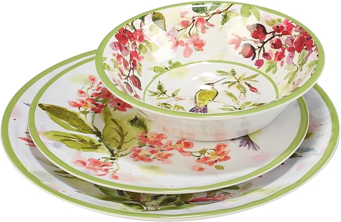Hummingbirds 12-Piece Melamine Dinnerware Set – Service for 4 with Dinner Salad and Bowls – Lightweight Durable Dishwasher Safe Floral Hummingbird Design for Indoor &amp Outdoor Dining