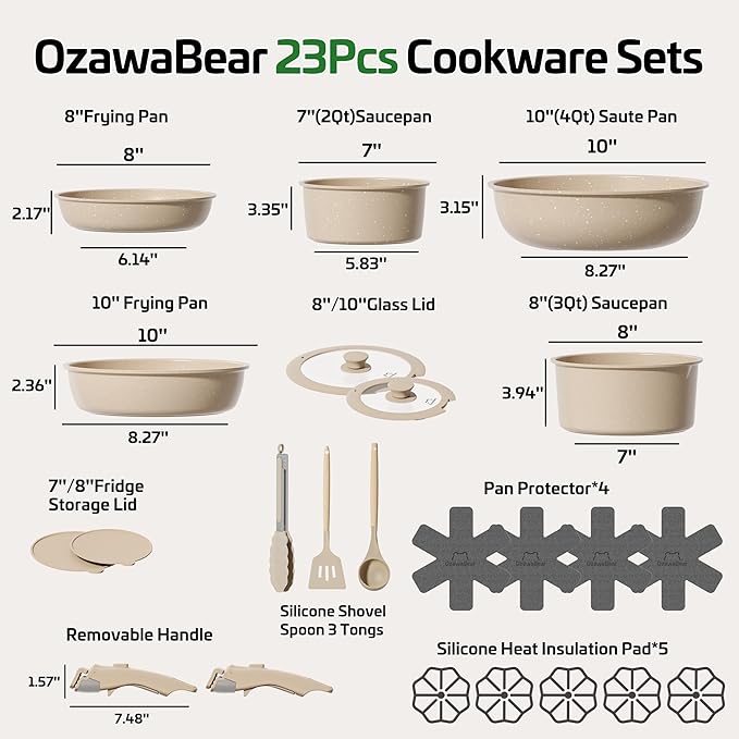 23 Pcs Pots and Pans Set Non Stick Ceramic Cookware Set Non Toxic with Detachable Handles Healthy Induction Cookware Oven Safe RV Kitchen Set PFAS PFOA &amp PTFE Free Taupe