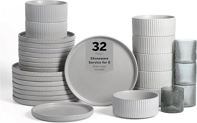 Stone Lain Haven Stoneware 32-Piece Dinnerware Set Plates and Bowls Sets for 8 Grey Dish Set Includes Dinner and Salad Plates Cereal Bowls Glassware Microwave &amp Dishwasher Safe