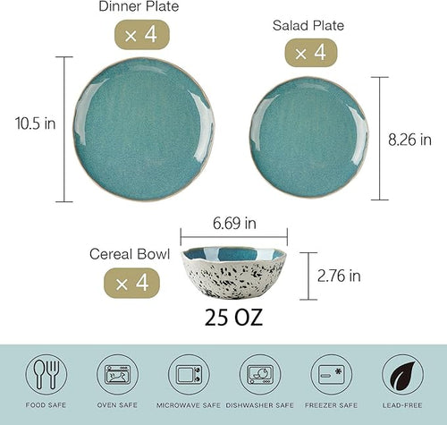 12pcs Dinnerware Set Service for 4 Handmade StonewareCeramic Dish Set Plates and Bowls set Dinner Set Reactive Glazed Microwave and Dishwasher Safe (BLUE)