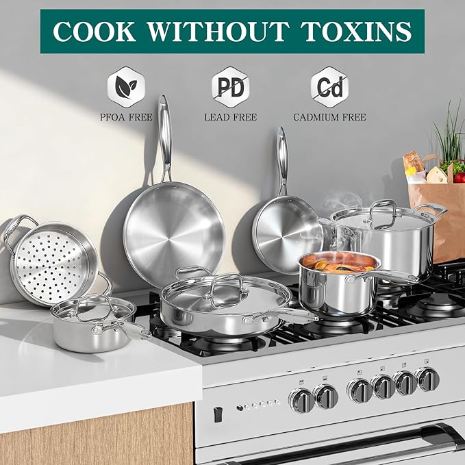 EWFEN Pots and Pans Set 3 Ply 11 Piece Stainless Steel Cookware Set Oven Dishwasher Safe | Induction Compatible Frying Pans Saucepans Saute Pan &amp Stock Pot PFOA Free Kitchen Skillet