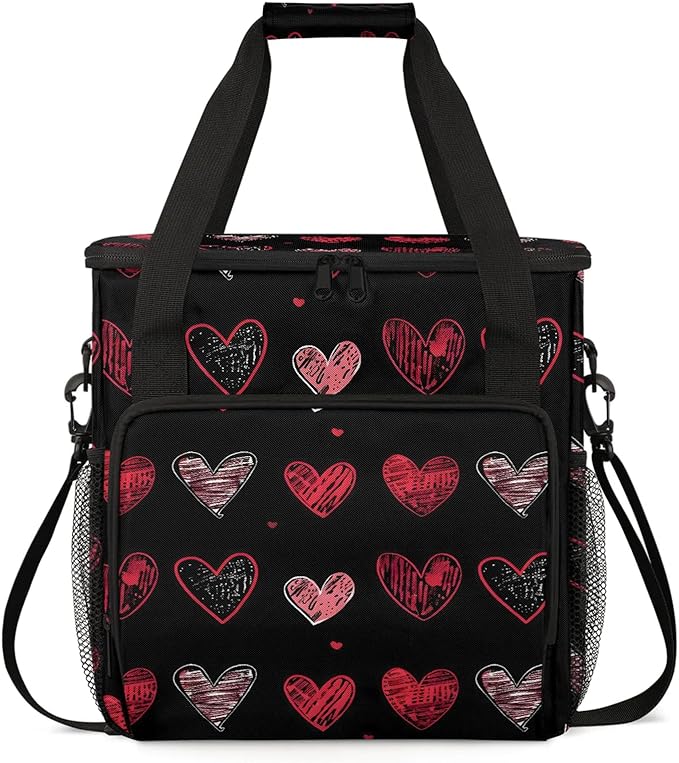 Valentine's Day Black Red Heart Coffee Maker Carring Bag Large Insulated Storage Organizer Case Tote Bags with Shoulder Strap for Travel Work Picnic