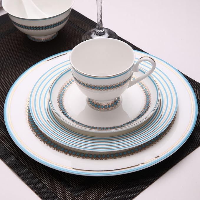European Style Dinnerware Set Service for 6 Bone China Dinnerware Sets Unbreakable Porcelain Dinner Sets Coffee Cup and Saucer Tableware Set Steak Dinner Plates Dish Set Sky Blue Malang-3