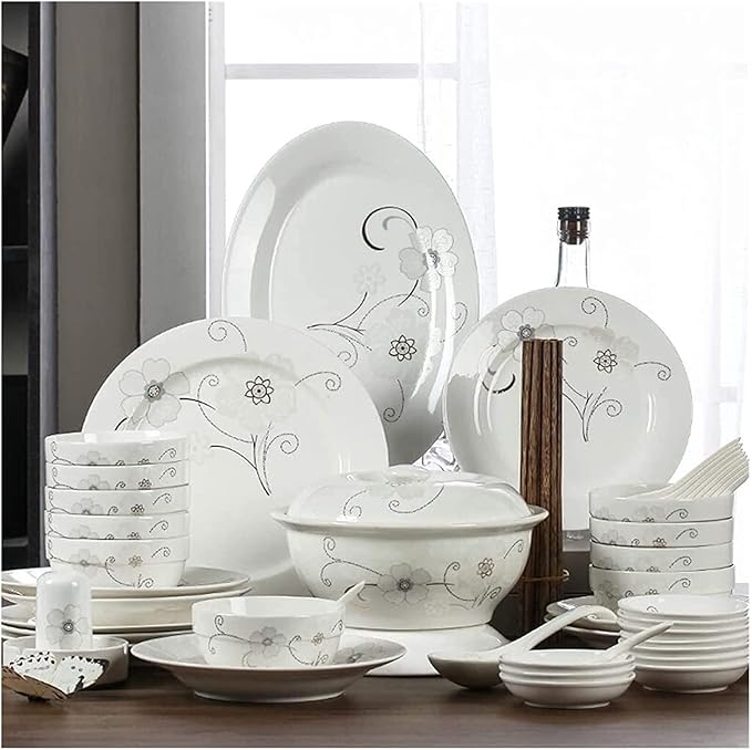 Dinnerware Set Dinner Party Tableware Service Set Ceramics Dinnerware Set with 46-Piece Bowl/Stockpot/Dish/Spoon|Bone China Dinner Sets Flower Pattern Porcelain Combination Set